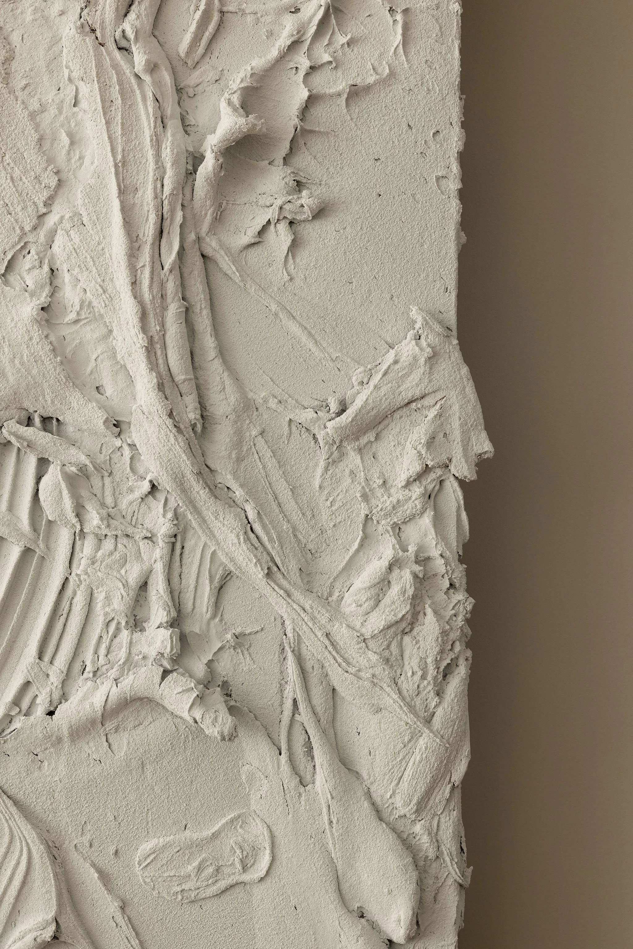 Detail of commissioned Jason Martin painting from Lisson Gallery, highlighting sculptural texture and layered white surface in a luxury Georgetown condo interior by Laura Roberts Design.